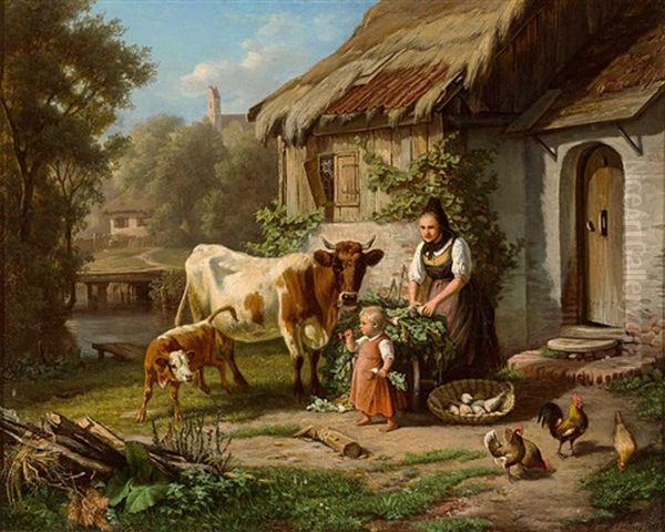 Landliches Idyll Oil Painting by Johann Baptist Hofner