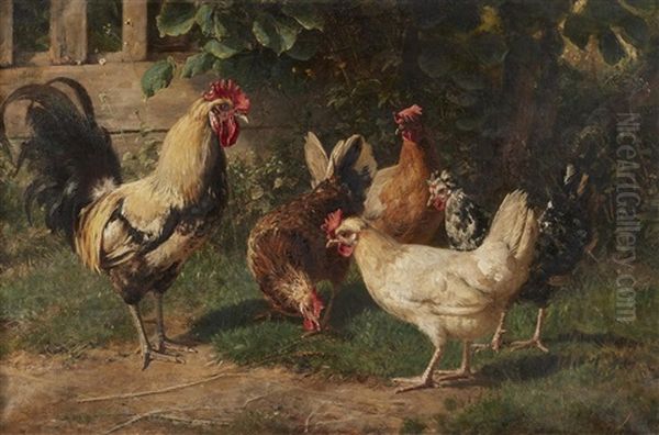 The Chicken Farm Oil Painting by Johann Baptist Hofner