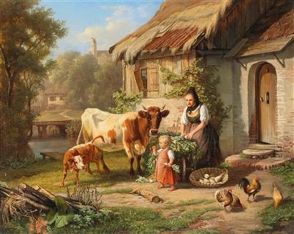 Idyllic Rural Scene Oil Painting by Johann Baptist Hofner