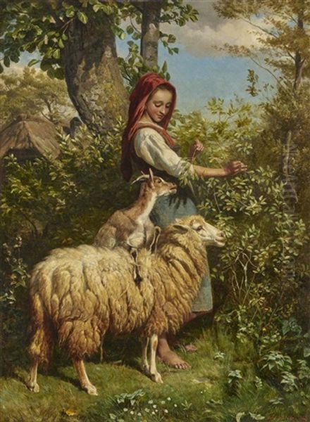 A Temptation Young Shepherdess With A Sheep And A Goat Oil Painting by Johann Baptist Hofner