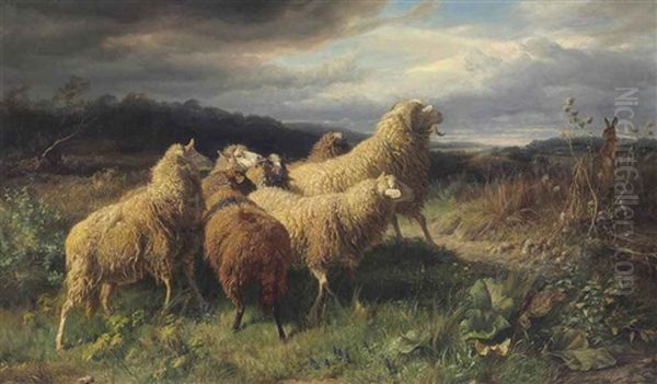 Sheep Startled By A Hare Oil Painting by Johann Baptist Hofner