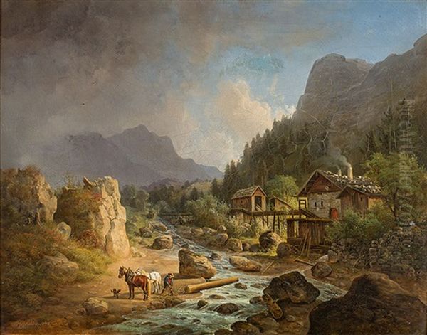 Sommerliche Gebirgslandschaft Mit Flusslauf Oil Painting by Franz Xaver Von Hofstetten