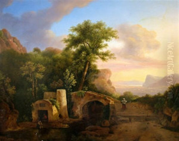 Figures By A Bridge With A Ruin, Woodland And A Coastal Landscape Beyond Oil Painting by Franz Xaver Von Hofstetten