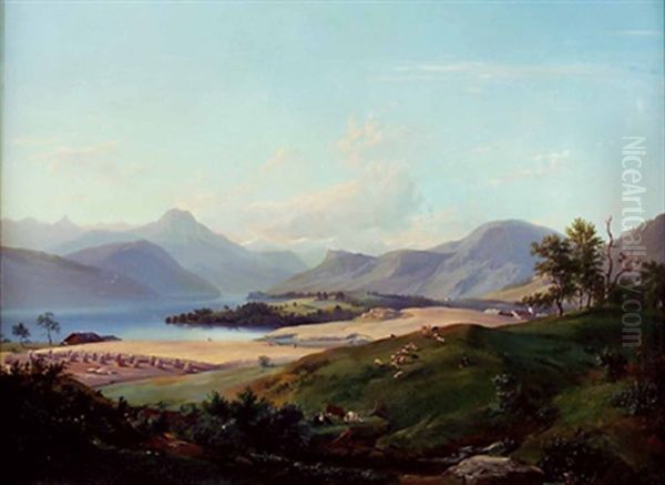 Sommertag Am Traunsee Mit Weideszene Oil Painting by Franz Xaver Von Hofstetten