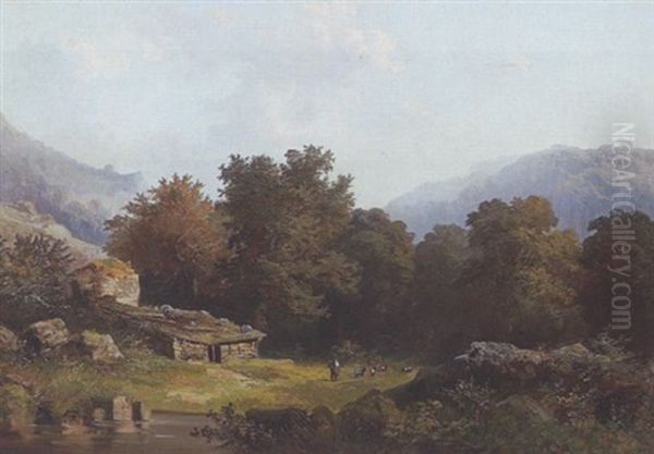 Ziegenhirte Mit Herde In Bergiger Baumlandschaft Oil Painting by Franz Xaver Von Hofstetten