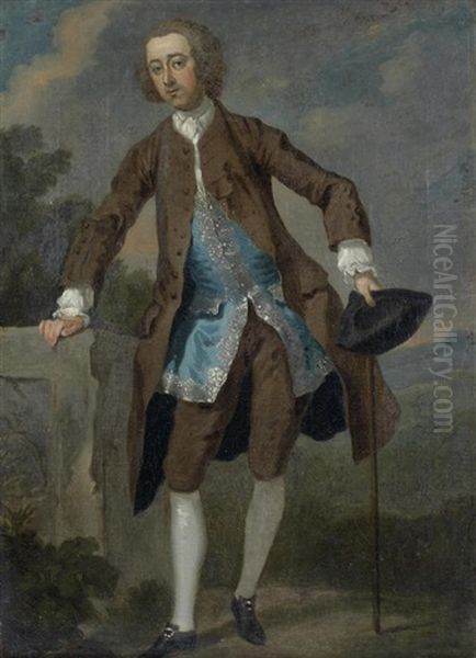 Portrait Of Gustavus Hamilton, 2nd Viscount Boyne, Full-length, In A Brown Coat And Blue Waistcoat, Before A Landscape Oil Painting by William Hogarth