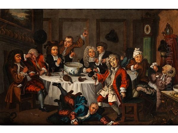 Pfeiferauchende Und Trinkende Manner Um Einen Runden Tisch Oil Painting by William Hogarth