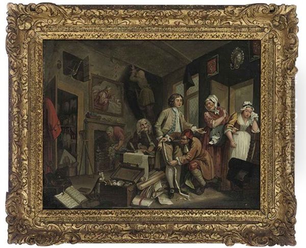 The Rake Taking Possession Of His Estate (+ The Rake In Prison; 2 Works) Oil Painting by William Hogarth