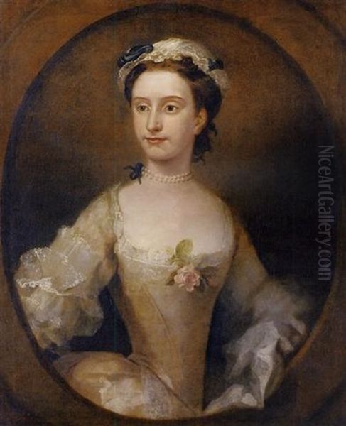 Portrait Of A Lady, Peg Woffington (?), In A White Satin Dress With A Pink Rose, With A Pearl Necklace And A White Cap Oil Painting by William Hogarth