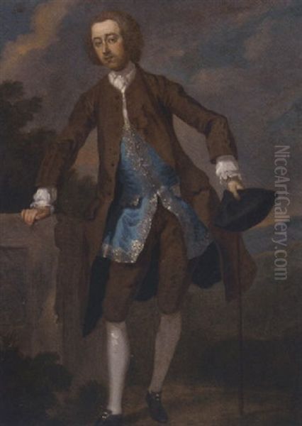 Portrait Of Gustavus Hamilton, 2nd Viscount Boyne, In A Brown Frock Coat And Blue Waistcoat, Holding His Cane And Tricorn Hat In His Left Hand Oil Painting by William Hogarth