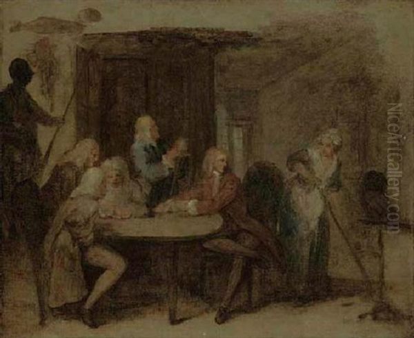 The Antiquaries: A Group Of Men Seated At A Circular Table In An Interior With A Maid, And An Owl On A Perch Oil Painting by William Hogarth