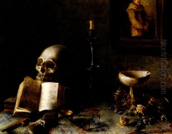 Memento Mori. Aufgeschlagener Foliant, Brille, Kerzenleuchter Und Nautilusschale Oil Painting by Mina Hoegel