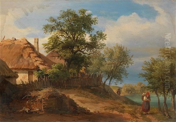 Landscape With Thatched Farmhouses And Decorative Figures Oil Painting by Joseph Hoeger