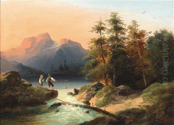 Zwei Kleine Fischer In Alpenlandschaft Oil Painting by Joseph Hoeger