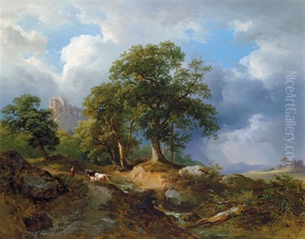 Hirtin Mit Ihrer Herde Am Heimweg Vor Nahendem Unwetter, Im Hintergrund Eine Burgruine Oil Painting by Joseph Hoeger