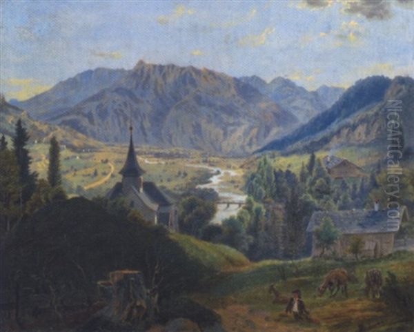 Bayerische Tallandschaft Mit Blick Auf Untersberg Oil Painting by Joseph Hoeger