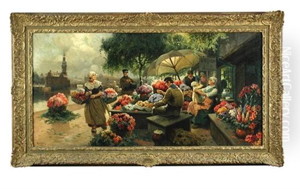 Flower Market At Haarlem Oil Painting by Rudolf Alfred Hoeger