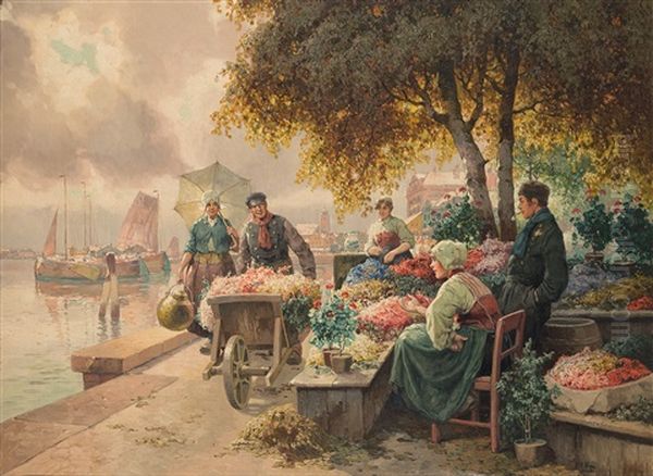 Blumenmarkt In Einer Hollandischen Stadt Oil Painting by Rudolf Alfred Hoeger