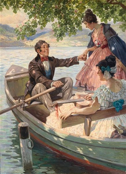 Einladung Zur Bootsfahrt An Der Donau (in Der Wachau?) Oil Painting by Rudolf Alfred Hoeger