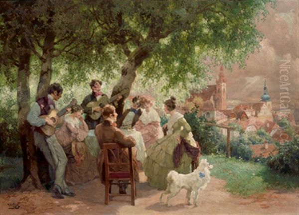 Frohliche Gesellschaft In Der Wachau, Im Hintergrund Krems Oil Painting by Rudolf Alfred Hoeger