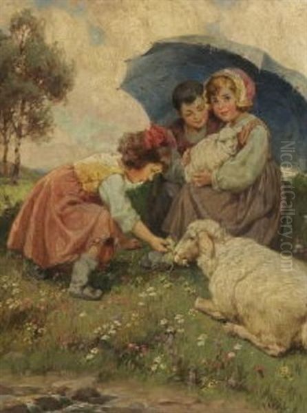 Kinder Mit Schafen Auf Der Sommerwiese Oil Painting by Rudolf Alfred Hoeger