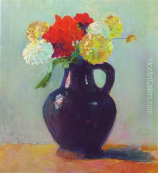 Dahlia's In A Jug Oil Painting by Georges Hogerwaard