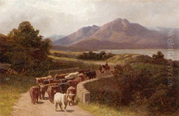 Highland Cattle In A Loch Landscape, Near Broadford Oil Painting by Stephen E. Hogley