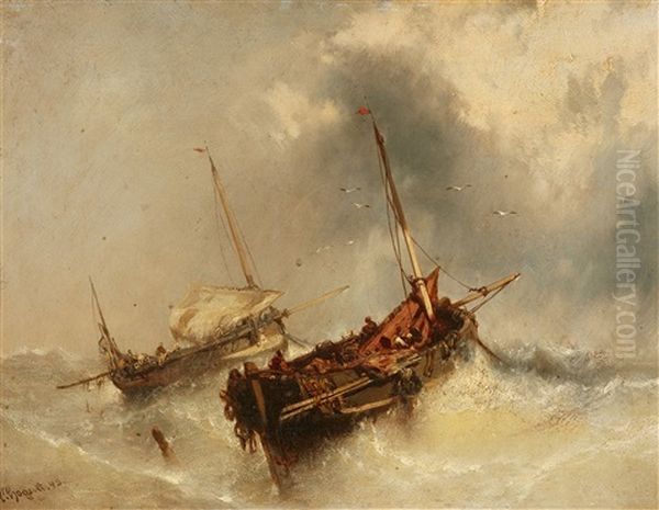 Two Sailing Ships In Rough Seas Oil Painting by Charles Hoguet