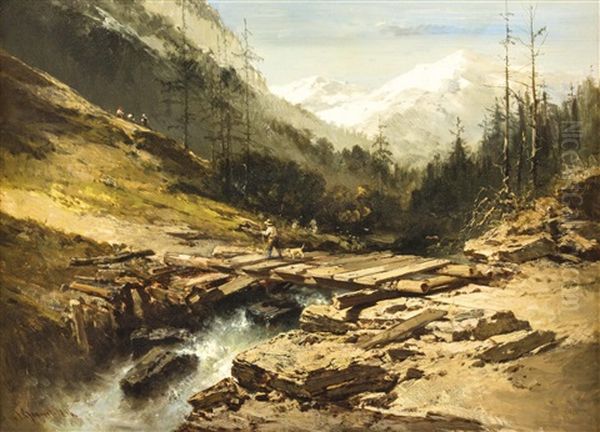 Im Hochgebirge - Jager Mit Hund Und Drei Arbeiterinnen Oil Painting by Charles Hoguet