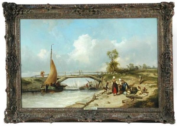 River Landscape With Barges Oil Painting by Charles Hoguet