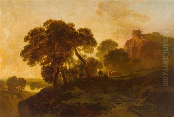 Herbstliche Fluss-/weidelandschaft Vor Burghugel, Hinterfangen Von Abendlichem Licht Oil Painting by Charles Hoguet