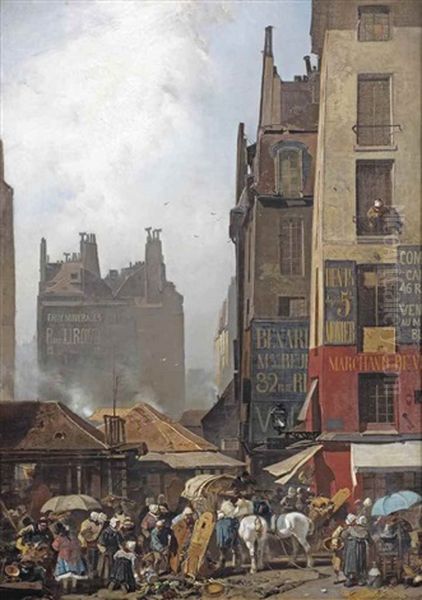 Souvenir De Paris (a  Bustling Day On A Parisian Market) Oil Painting by Charles Hoguet