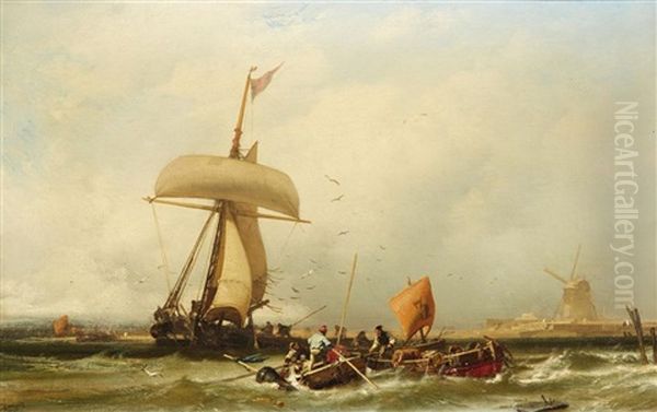 Dutch Coastal View With A Sailing Ship And Bo Oil Painting by Charles Hoguet