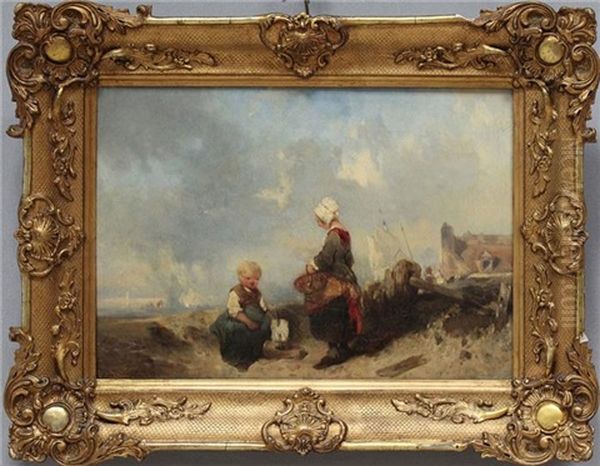 Hollandische Kuste Mit Kindern Vor Stadtsilhouette Oil Painting by Charles Hoguet