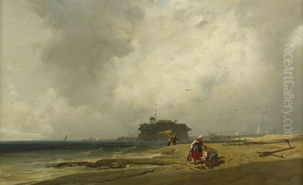 Fischerpaar An Der Hollandischen Kuste, Im Hintergrund Die Silhouette Einer Stadt Oil Painting by Charles Hoguet