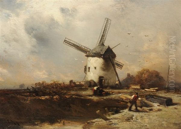 Bauern Vor Der Windmuhle Bei Aufkommendem Gewitter Oil Painting by Charles Hoguet