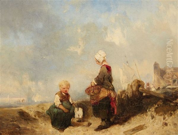 View Of A Dutch Coastline With A Child Playing Oil Painting by Charles Hoguet