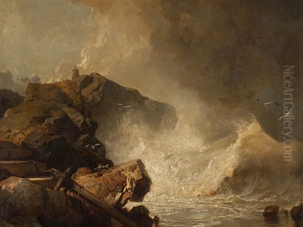 Stormy Cliff With Lighthouse Oil Painting by Charles Hoguet