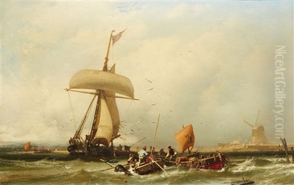 Dutch Coastal View With Sailing Ship And Boats Oil Painting by Charles Hoguet