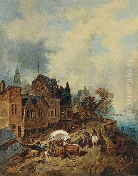 Stadt Am Fluss Mit Belebter Strase Oil Painting by Charles Hoguet