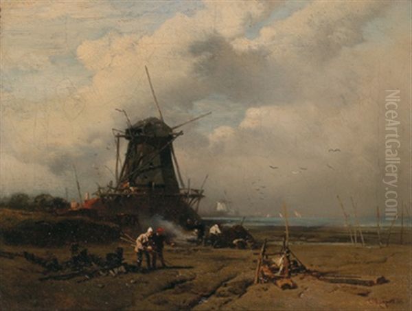 Strandmotiv Mit Windmuhle Oil Painting by Charles Hoguet