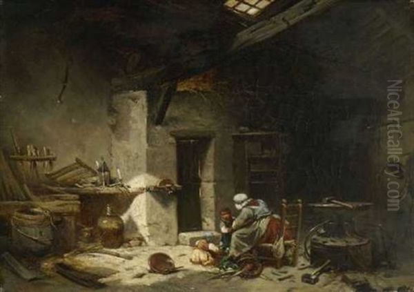 Bauerliches Interieur Oil Painting by Charles Hoguet