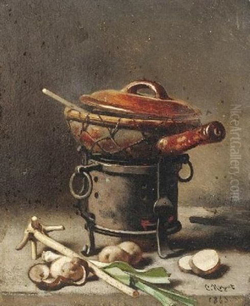 Kuchenstilleben Mit Einer Casserolle Auf Einem Stofchen, Davor Lauchgemuse Und Kartoffeln Oil Painting by Charles Hoguet