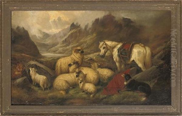 Guarding The Flock In A Highland Landscape Oil Painting by John Barker