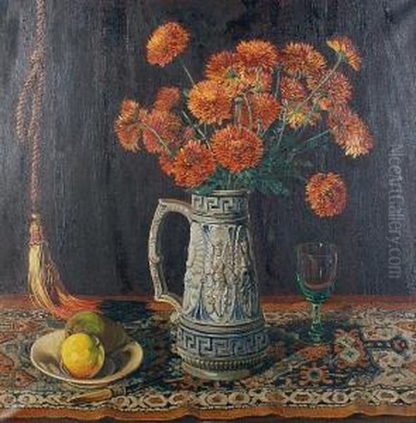 Still Life With Vase Of Chrysanthemums On A Patterned Rug Oil Painting by John Edward Barker