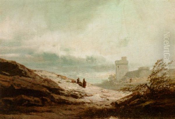 Figures Resting By A Castle Oil Painting by Charles Hoguet