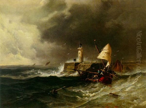 A Stormy Seascape With A Fishing Smack By A Lighthouse On A Jetty And Other Sailing Vessels Beyond by Charles Hoguet