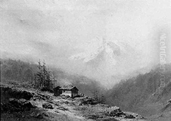 An Alpine Landscape With Figures By A Mountain Hut Oil Painting by Charles Hoguet