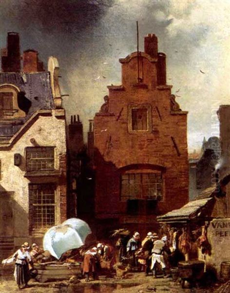 A Busy Town Marketplace Oil Painting by Charles Hoguet