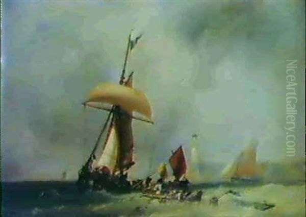 Fishing Vessels In A Strong Breeze Off Shore, A Lighthouse  Beyond Oil Painting by Charles Hoguet